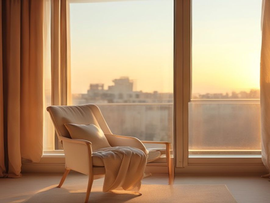 Person sitting peacefully by a window at sunset, transitioning to evening